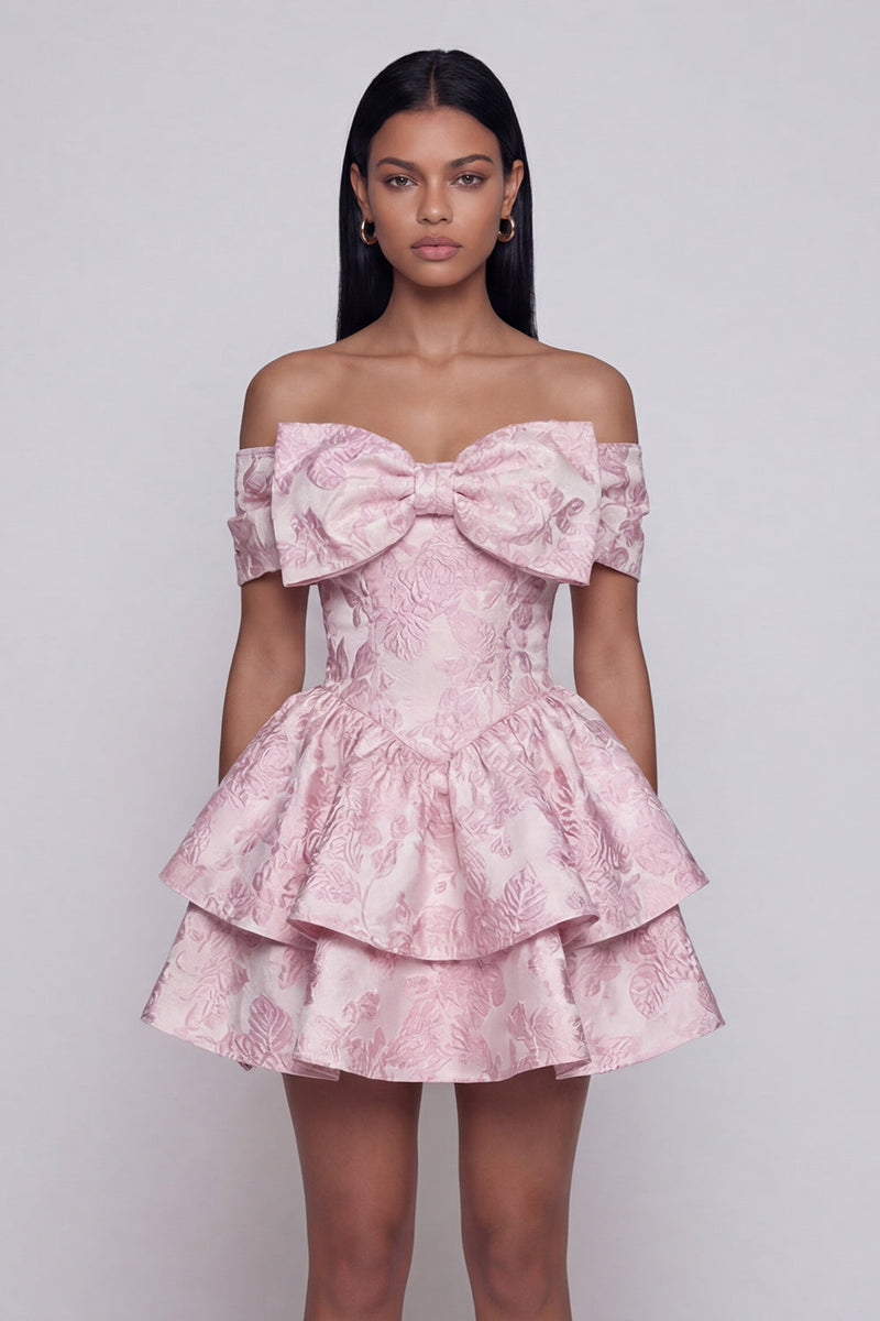 Load image into Gallery viewer, Ruffled Short Floral Pink Off the Shoulder A Line Birthday Party Dress with Bow