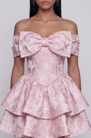 Load image into Gallery viewer, Ruffled Short Floral Pink Off the Shoulder A Line Birthday Party Dress with Bow