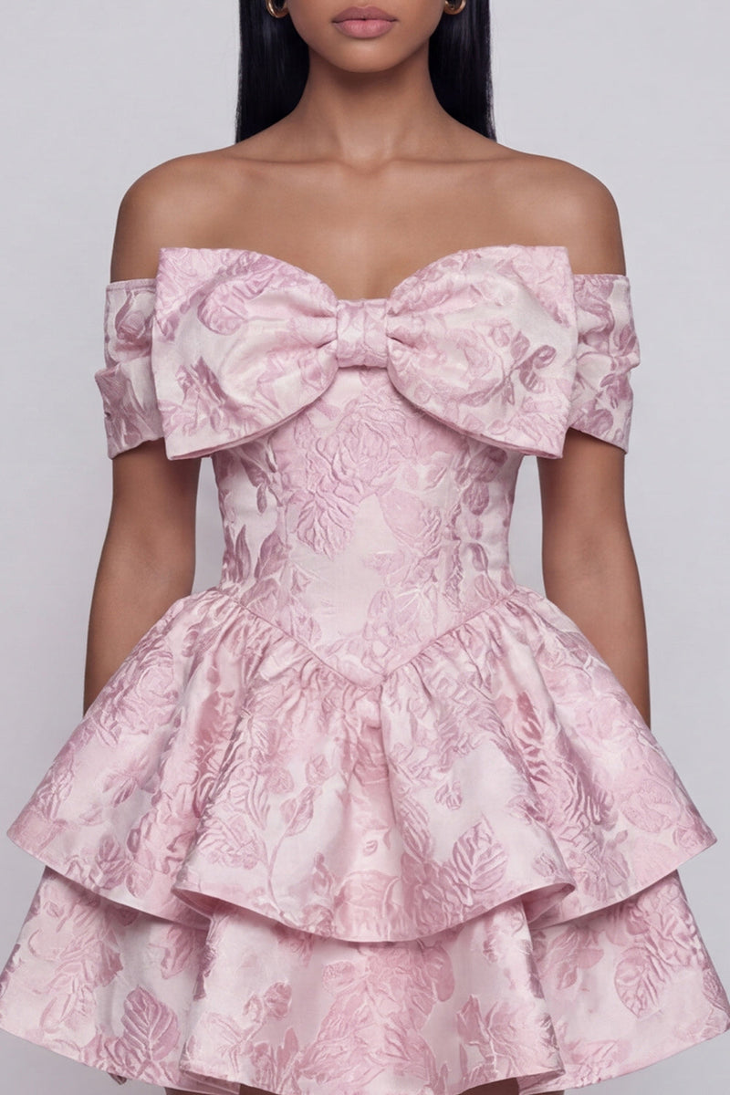 Load image into Gallery viewer, Ruffled Short Floral Pink Off the Shoulder A Line Birthday Party Dress with Bow