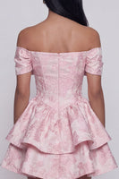 Load image into Gallery viewer, Ruffled Short Floral Pink Off the Shoulder A Line Birthday Party Dress with Bow