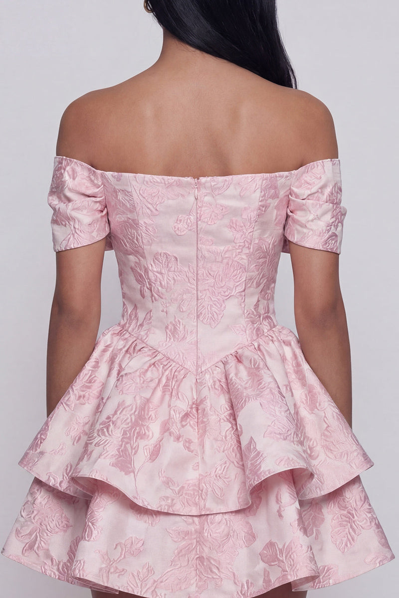 Load image into Gallery viewer, Ruffled Short Floral Pink Off the Shoulder A Line Birthday Party Dress with Bow