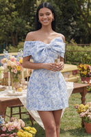 Load image into Gallery viewer, Floral Blue A Line Short Off the Shoulder Birthday Party Dress with Bow