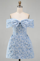 Load image into Gallery viewer, Floral Blue A Line Short Off the Shoulder Birthday Party Dress with Bow