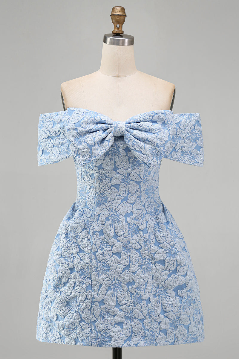 Load image into Gallery viewer, Floral Blue A Line Short Off the Shoulder Birthday Party Dress with Bow