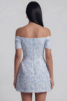 Load image into Gallery viewer, Floral Blue A Line Short Off the Shoulder Birthday Party Dress with Bow