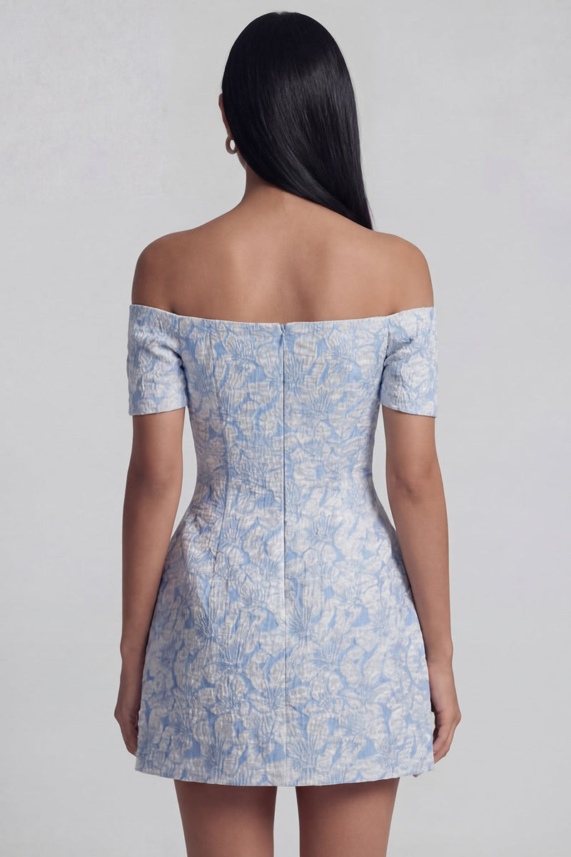 Load image into Gallery viewer, Floral Blue A Line Short Off the Shoulder Birthday Party Dress with Bow