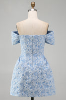 Load image into Gallery viewer, Floral Blue A Line Short Off the Shoulder Birthday Party Dress with Bow