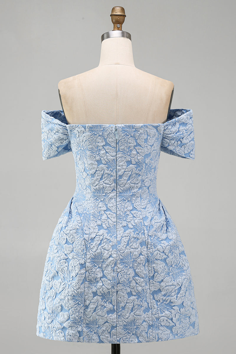 Load image into Gallery viewer, Floral Blue A Line Short Off the Shoulder Birthday Party Dress with Bow