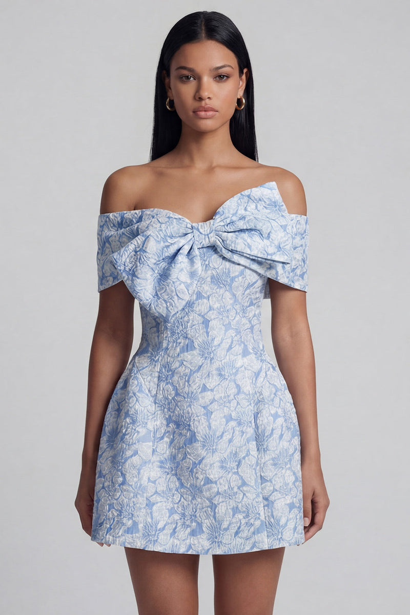 Load image into Gallery viewer, Floral Blue A Line Short Off the Shoulder Birthday Party Dress with Bow