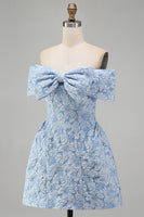 Load image into Gallery viewer, Floral Blue A Line Short Off the Shoulder Birthday Party Dress with Bow