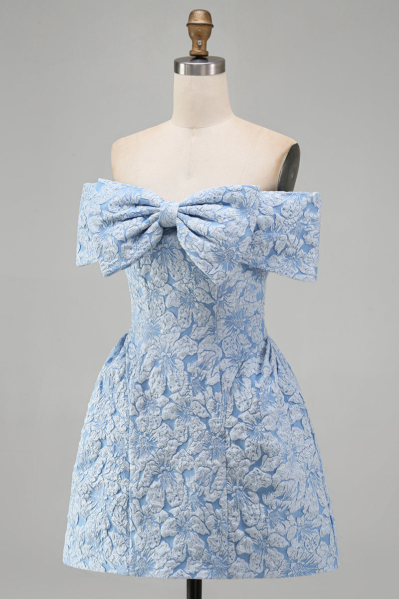 Load image into Gallery viewer, Floral Blue A Line Short Off the Shoulder Birthday Party Dress with Bow
