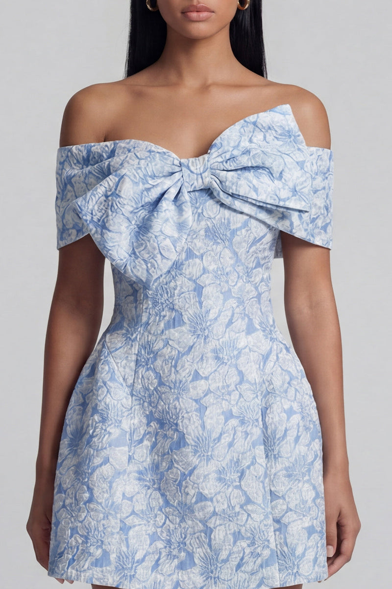 Load image into Gallery viewer, Floral Blue A Line Short Off the Shoulder Birthday Party Dress with Bow