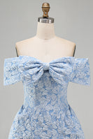 Load image into Gallery viewer, Floral Blue A Line Short Off the Shoulder Birthday Party Dress with Bow
