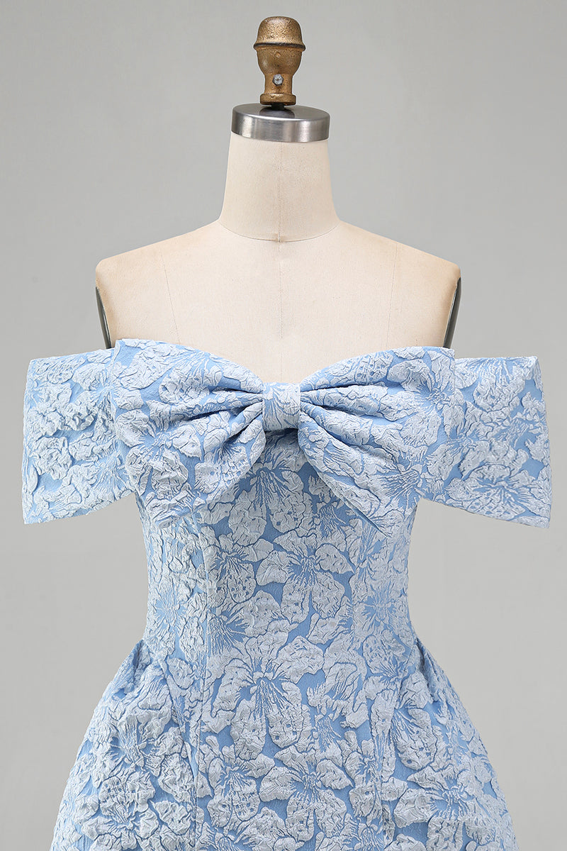 Load image into Gallery viewer, Floral Blue A Line Short Off the Shoulder Birthday Party Dress with Bow