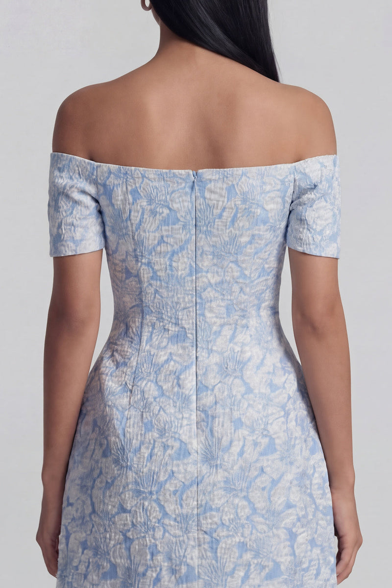 Load image into Gallery viewer, Floral Blue A Line Short Off the Shoulder Birthday Party Dress with Bow