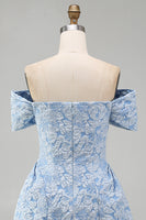 Load image into Gallery viewer, Floral Blue A Line Short Off the Shoulder Birthday Party Dress with Bow