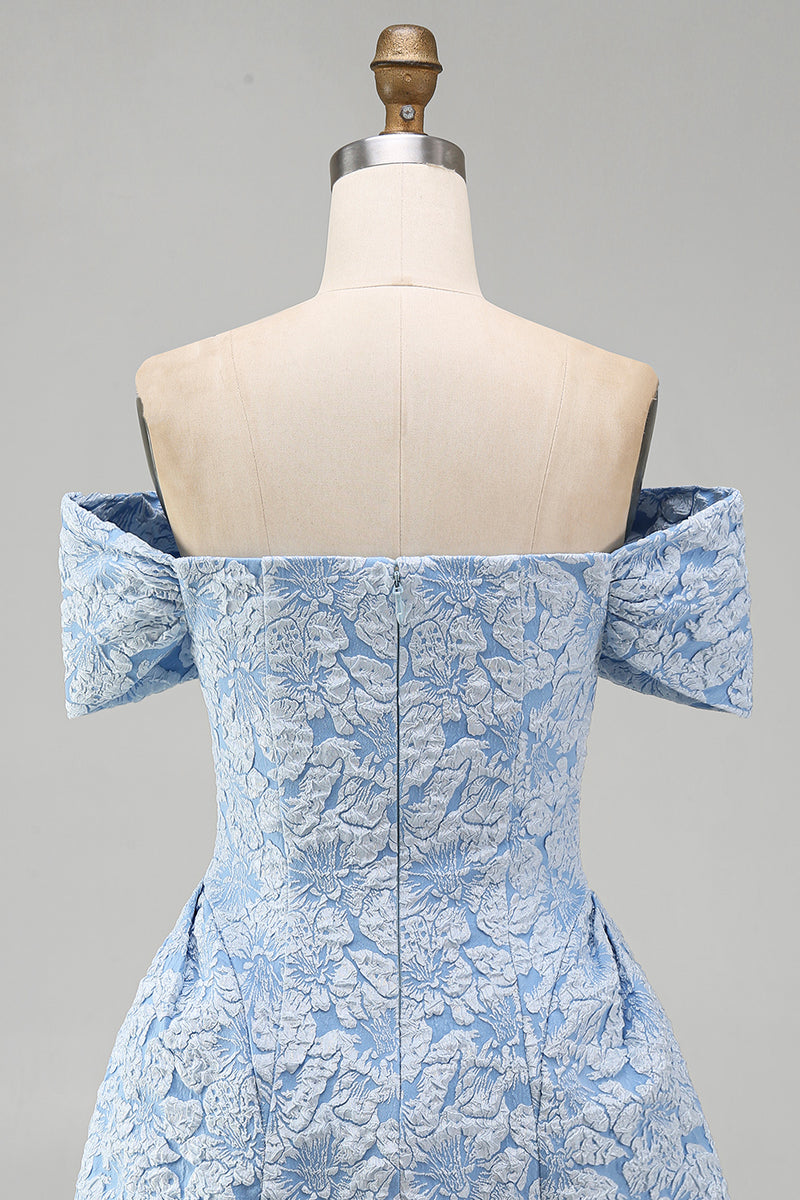 Load image into Gallery viewer, Floral Blue A Line Short Off the Shoulder Birthday Party Dress with Bow