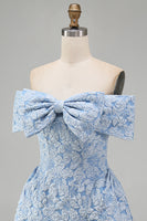 Load image into Gallery viewer, Floral Blue A Line Short Off the Shoulder Birthday Party Dress with Bow