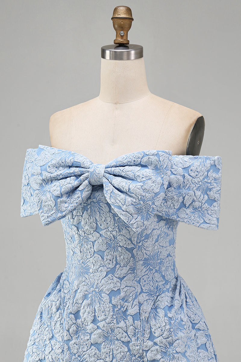 Load image into Gallery viewer, Floral Blue A Line Short Off the Shoulder Birthday Party Dress with Bow