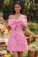 Load image into Gallery viewer, Floral Blue A Line Short Off the Shoulder Birthday Party Dress with Bow