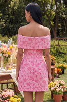 Load image into Gallery viewer, Floral Blue A Line Short Off the Shoulder Birthday Party Dress with Bow