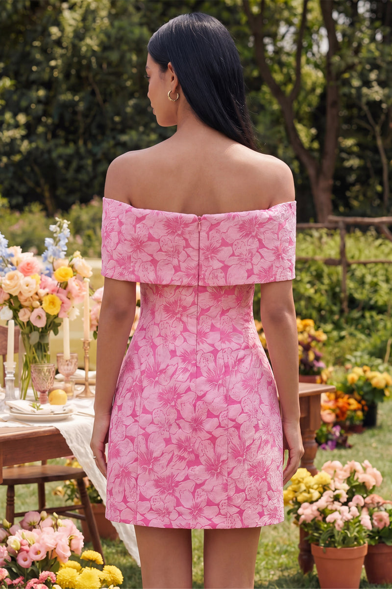 Load image into Gallery viewer, Floral Blue A Line Short Off the Shoulder Birthday Party Dress with Bow