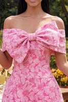 Load image into Gallery viewer, Floral Blue A Line Short Off the Shoulder Birthday Party Dress with Bow