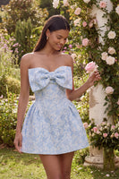 Load image into Gallery viewer, Strapless Blue Floral A Line Short Birthday Party Dress with Bow