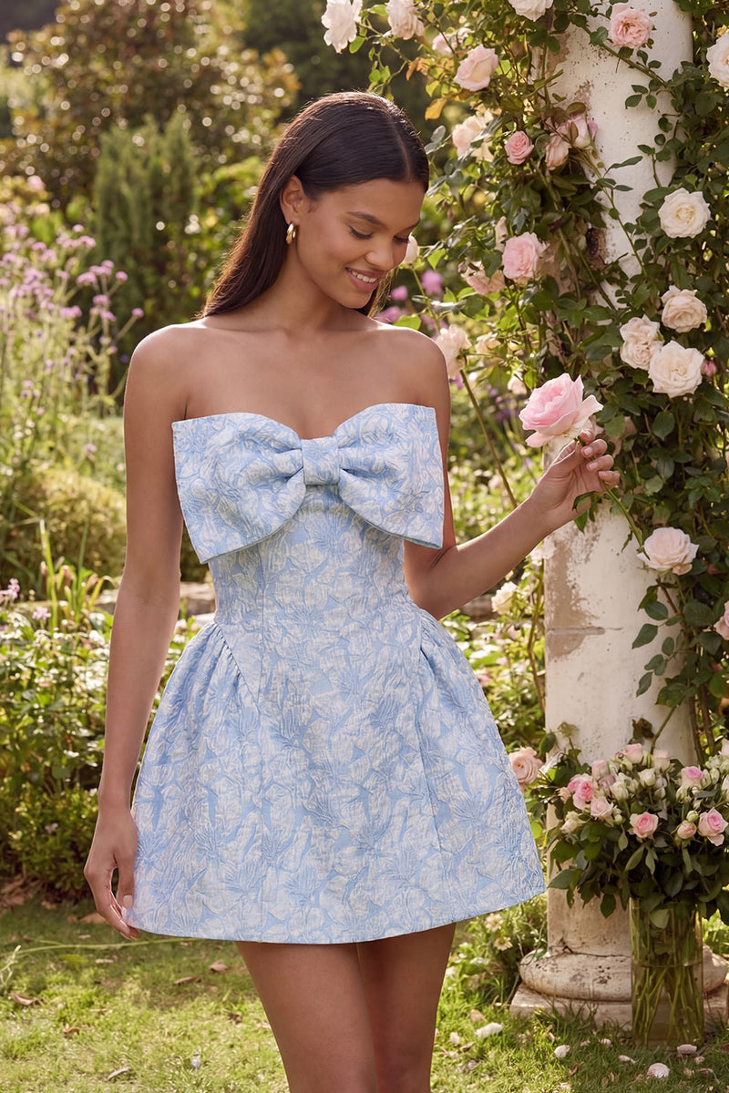 Load image into Gallery viewer, Strapless Blue Floral A Line Short Birthday Party Dress with Bow