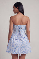 Load image into Gallery viewer, Strapless Blue Floral A Line Short Birthday Party Dress with Bow