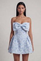 Load image into Gallery viewer, Strapless Blue Floral A Line Short Birthday Party Dress with Bow