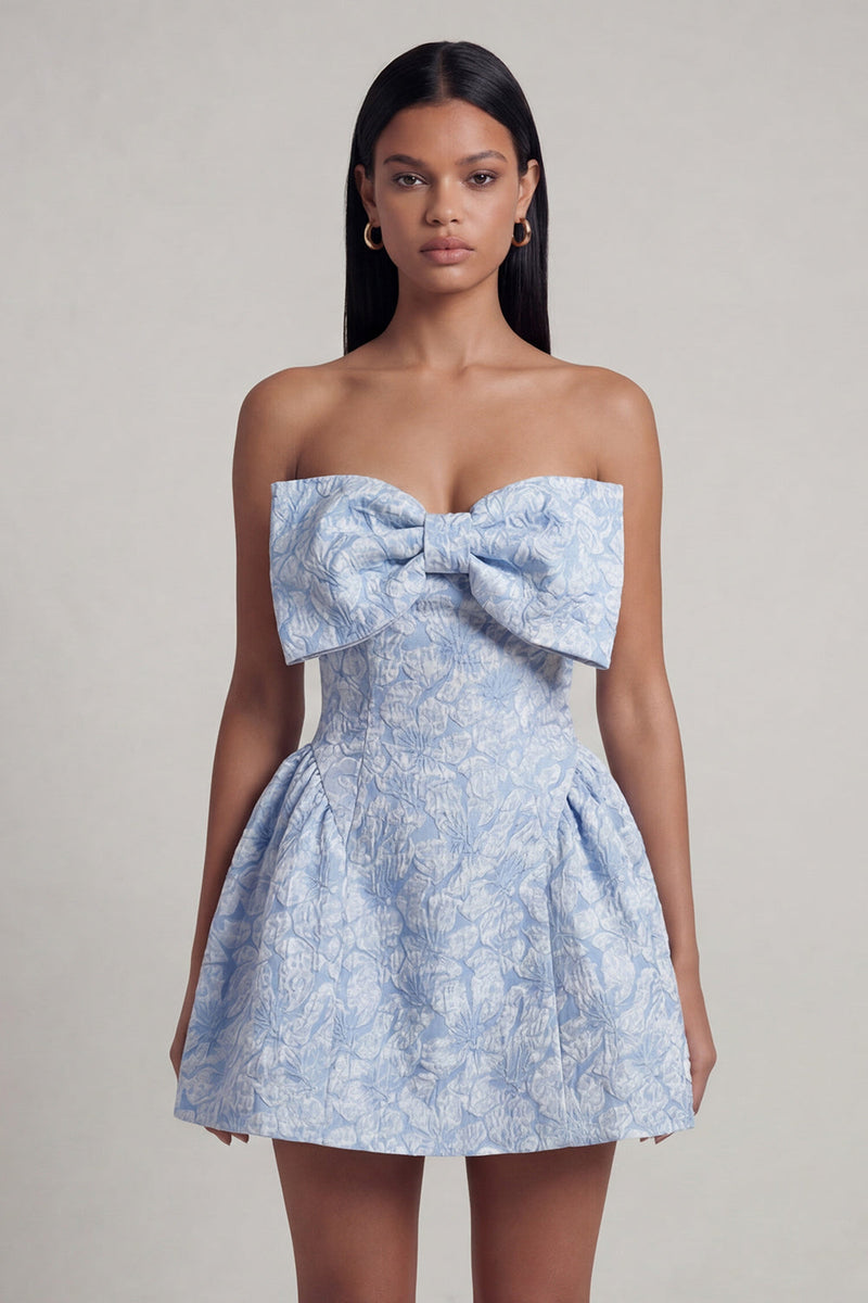 Load image into Gallery viewer, Strapless Blue Floral A Line Short Birthday Party Dress with Bow