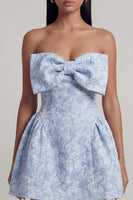 Load image into Gallery viewer, Strapless Blue Floral A Line Short Birthday Party Dress with Bow