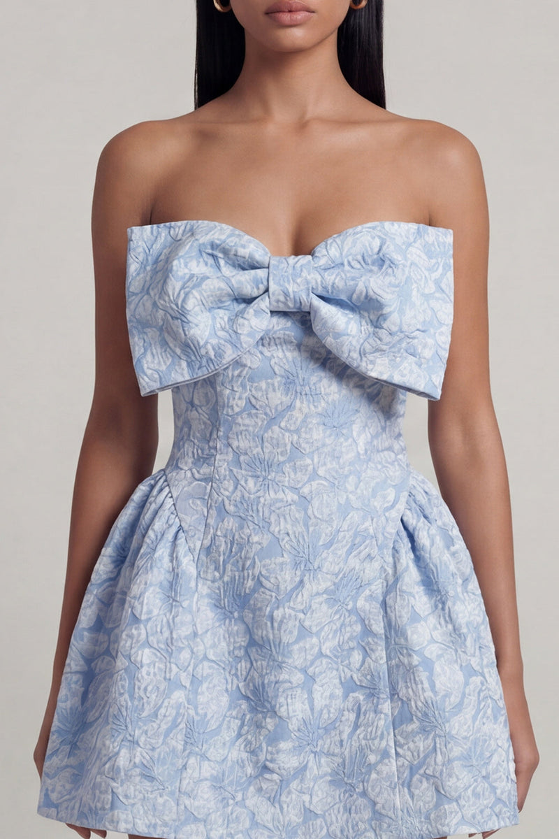 Load image into Gallery viewer, Strapless Blue Floral A Line Short Birthday Party Dress with Bow