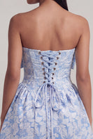 Load image into Gallery viewer, Strapless Blue Floral A Line Short Birthday Party Dress with Bow
