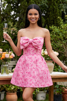 Load image into Gallery viewer, Strapless Blue Floral A Line Short Birthday Party Dress with Bow