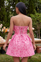 Load image into Gallery viewer, Strapless Blue Floral A Line Short Birthday Party Dress with Bow