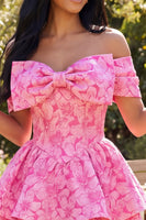 Load image into Gallery viewer, A Line Short Floral Fuchsia Off the Shoulder Ruffled Prom Dress with Bow