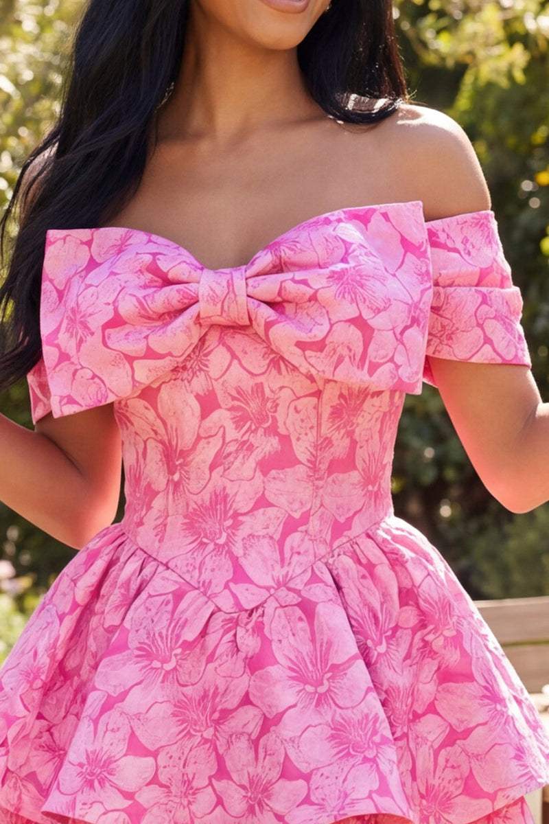Load image into Gallery viewer, A Line Short Floral Fuchsia Off the Shoulder Ruffled Prom Dress with Bow