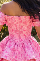 Load image into Gallery viewer, A Line Short Floral Fuchsia Off the Shoulder Ruffled Prom Dress with Bow