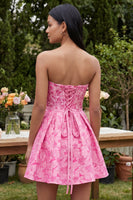 Load image into Gallery viewer, A Line Short Ruffled Floral Fuchsia Prom Dress with Bow