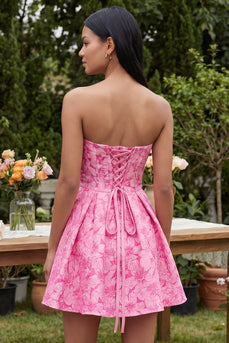 A Line Short Ruffled Floral Fuchsia Prom Dress with Bow