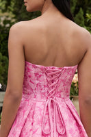 Load image into Gallery viewer, A Line Short Ruffled Floral Fuchsia Prom Dress with Bow