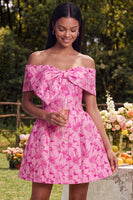 Load image into Gallery viewer, Fuchsia A Line Floral Short Off the Shoulder Prom Dress with Bow