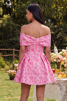 Fuchsia A Line Floral Short Off the Shoulder Prom Dress with Bow