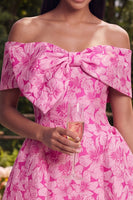 Load image into Gallery viewer, Fuchsia A Line Floral Short Off the Shoulder Prom Dress with Bow