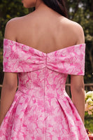 Load image into Gallery viewer, Fuchsia A Line Floral Short Off the Shoulder Prom Dress with Bow
