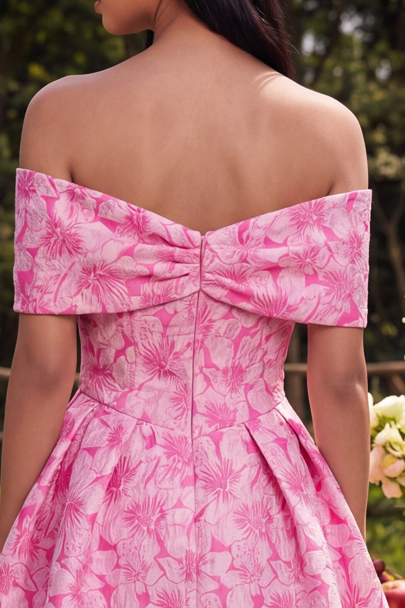 Load image into Gallery viewer, Fuchsia A Line Floral Short Off the Shoulder Prom Dress with Bow