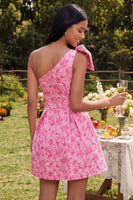 Load image into Gallery viewer, One Shoulder Fuchsia Floral A Line Short Prom Dress with Pockets