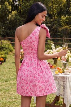 One Shoulder Fuchsia Floral A Line Short Prom Dress with Pockets